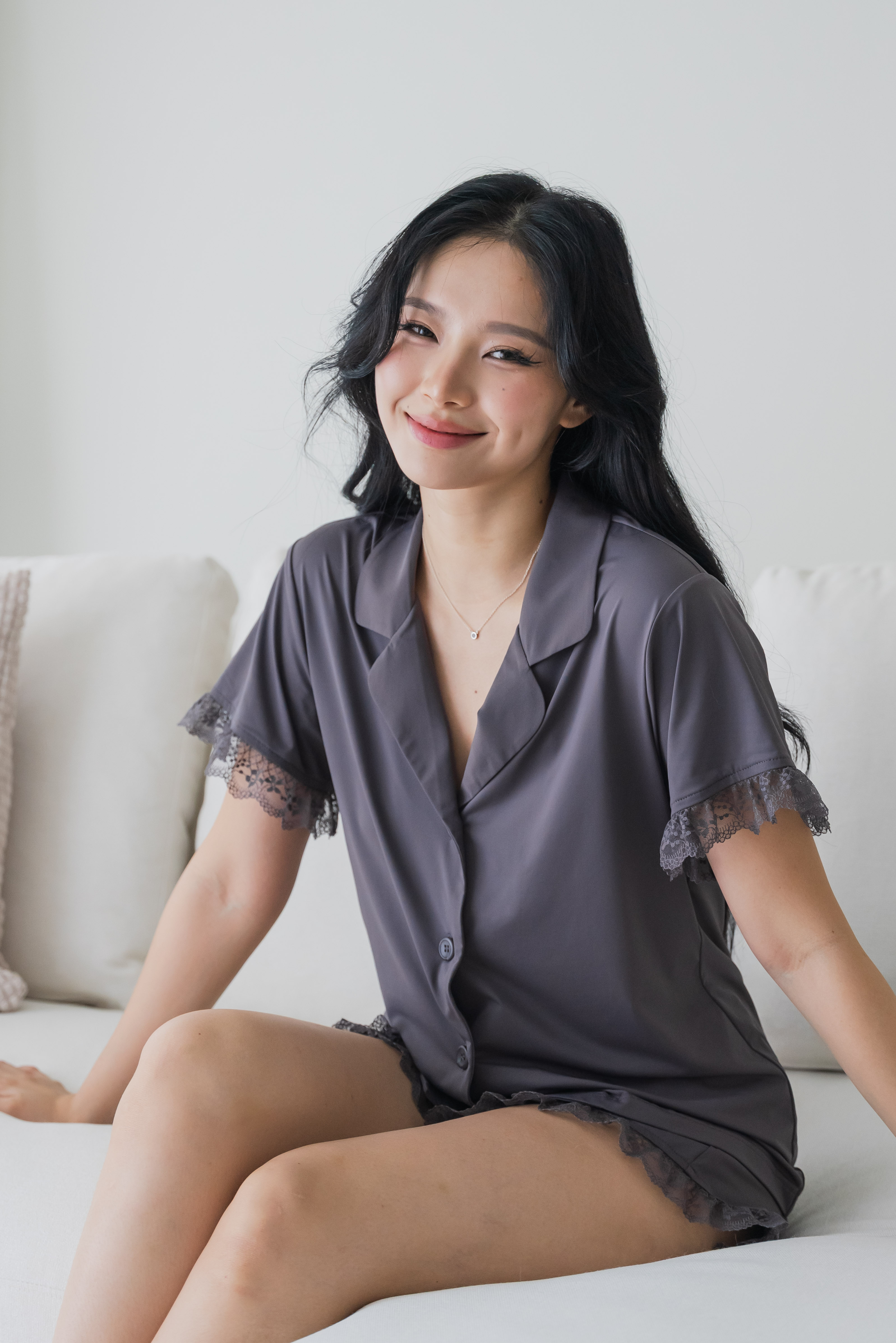 ESME Lace Sleeved 2Pcs Set Sleepwear (Stone Grey)