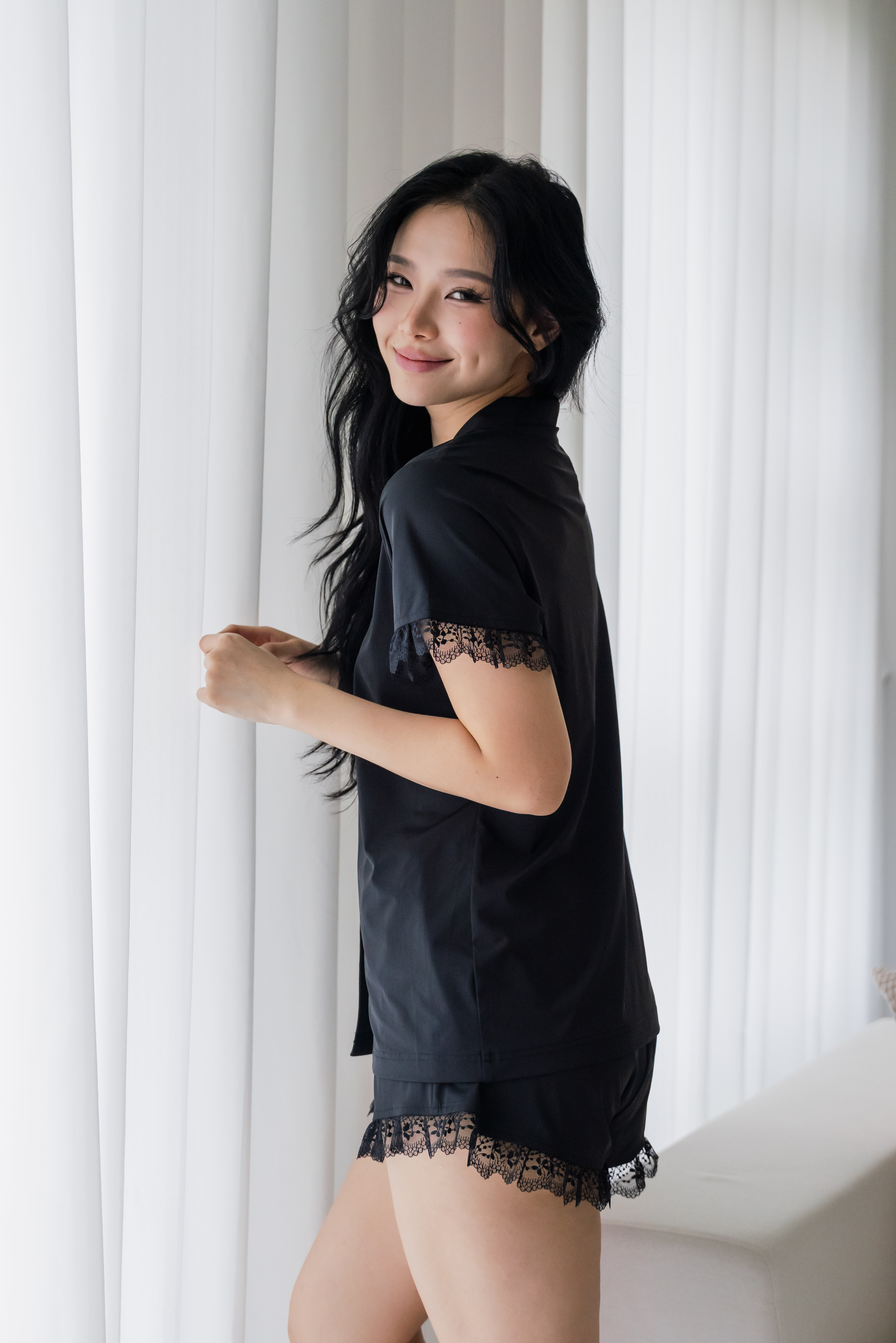 ESME Lace Sleeved 2Pcs Set Sleepwear (Dusk Black)