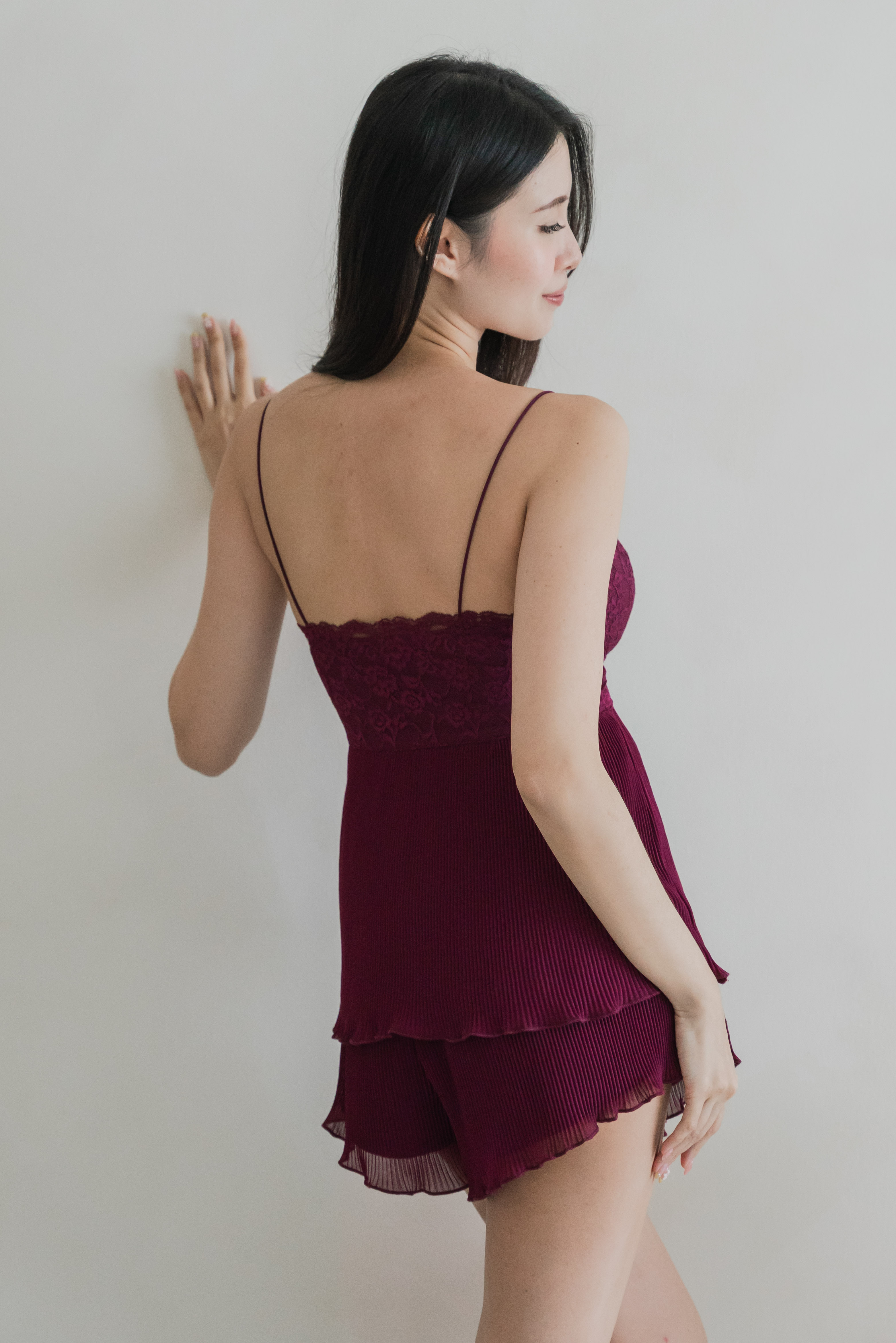 DAHLIA Pleated 2 Pcs Set Sleepwear (Maroon Red)