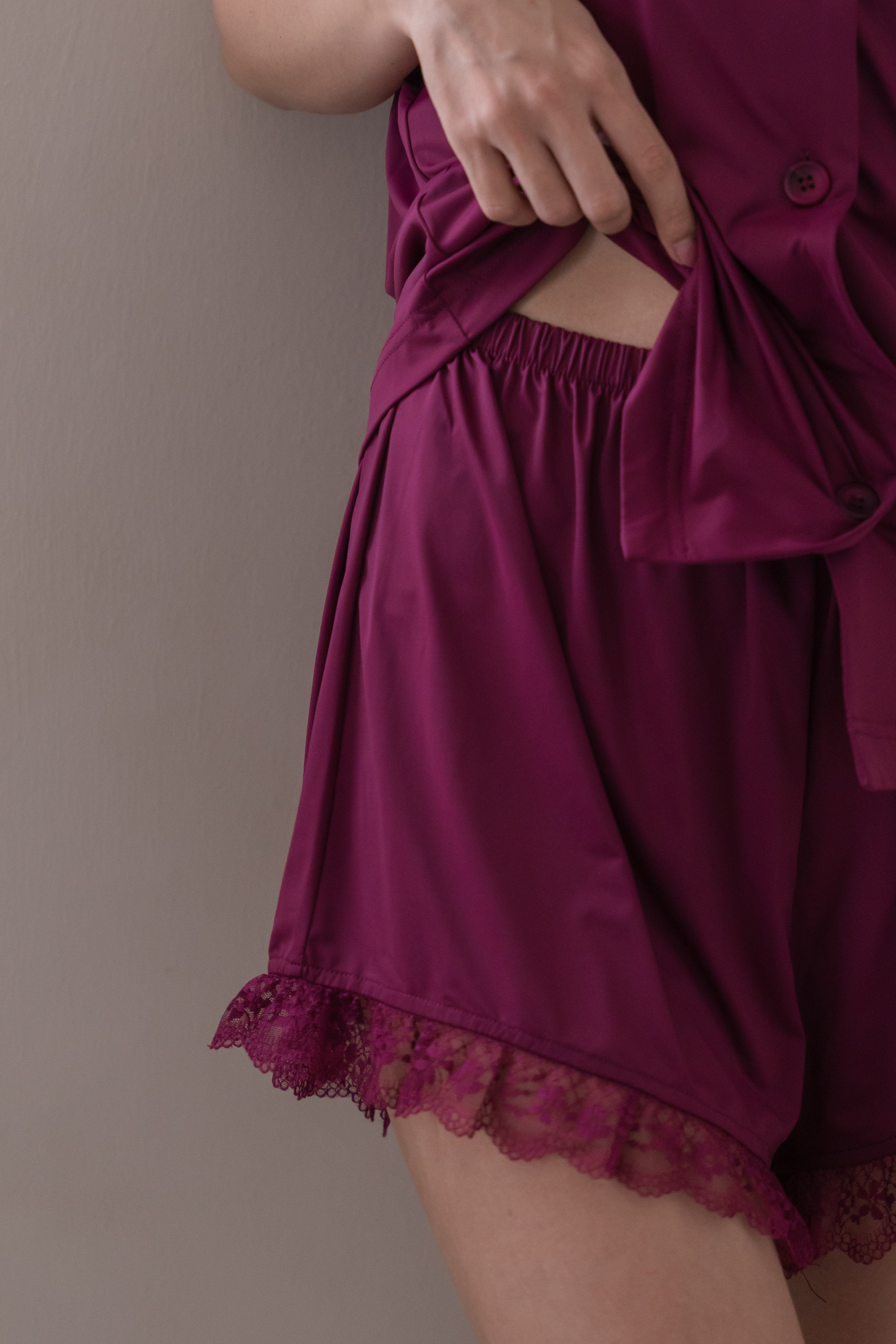 ESME Lace Sleeved 2Pcs Set Sleepwear (Maroon Red)