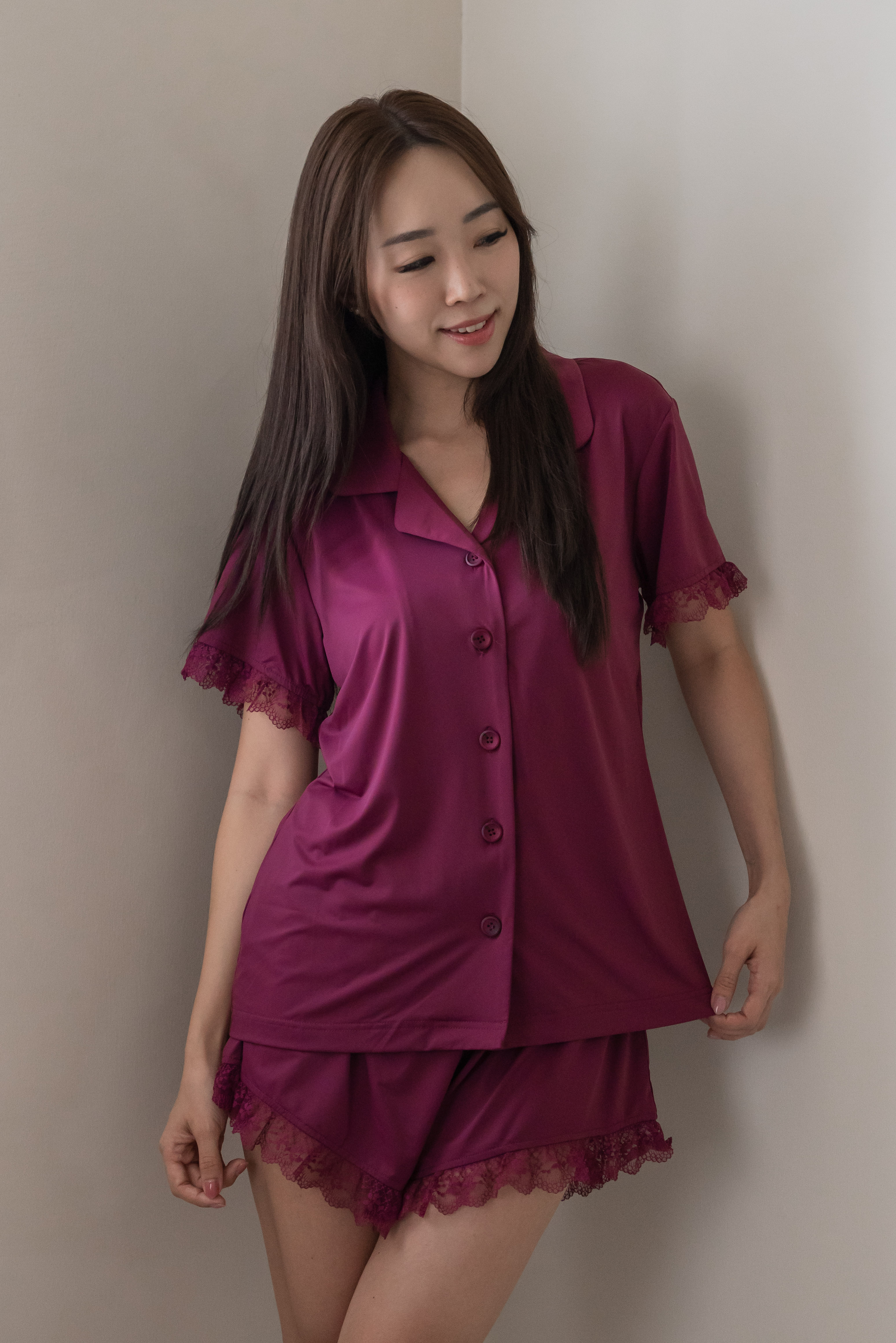 ESME Lace Sleeved 2Pcs Set Sleepwear (Maroon Red)