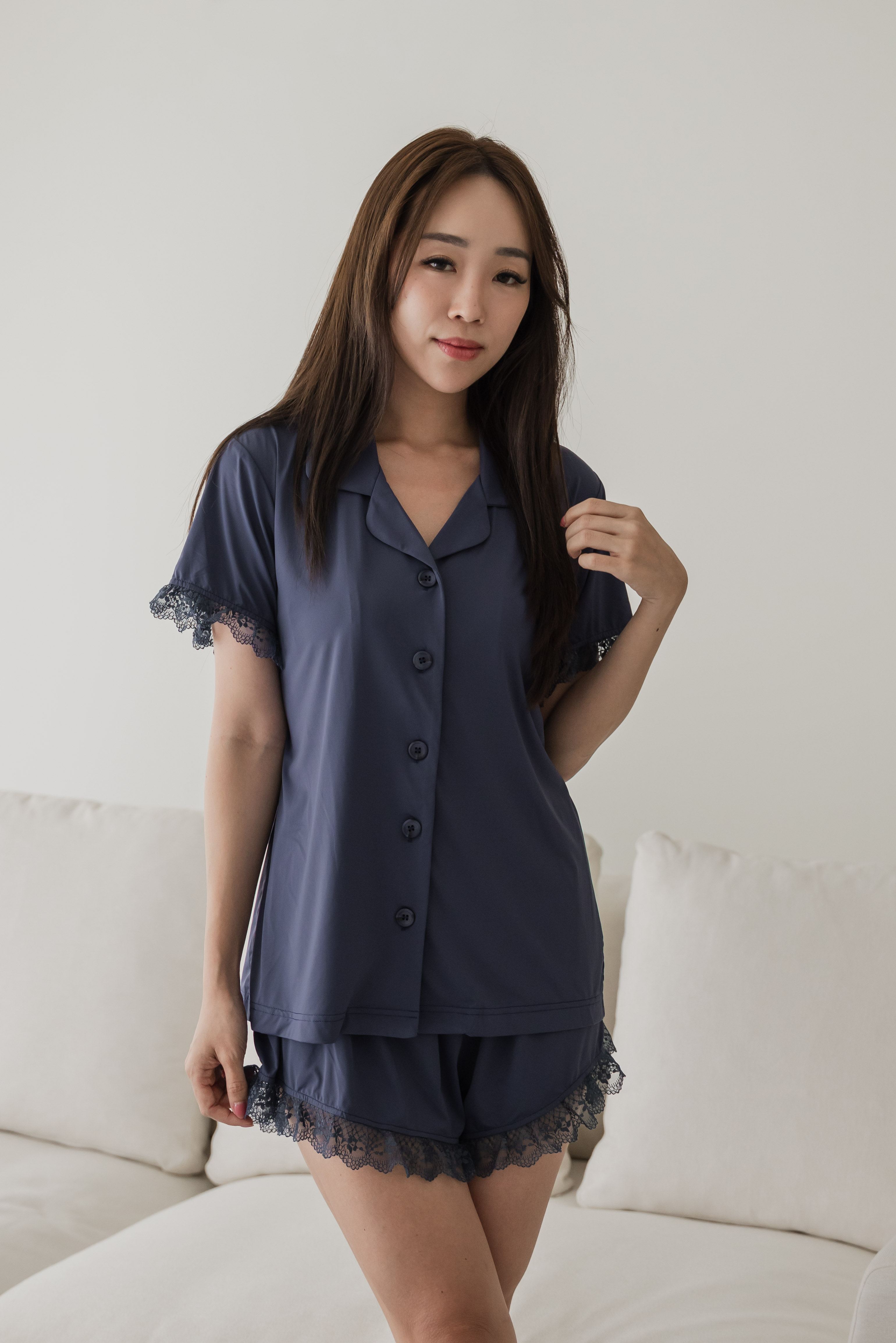 ESME Lace Sleeved 2Pcs Set Sleepwear (Ocean Navy)