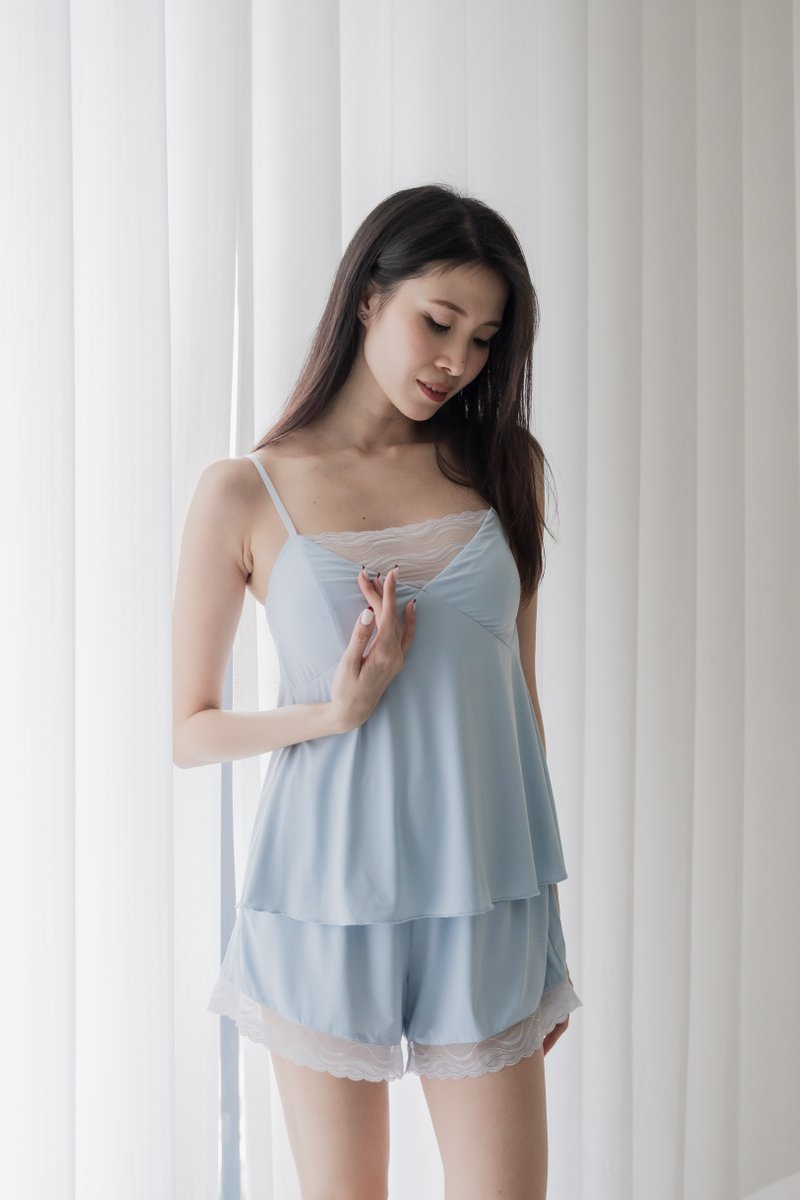 NELLY V LACE NECK 2Pcs Set (Lily Blue)