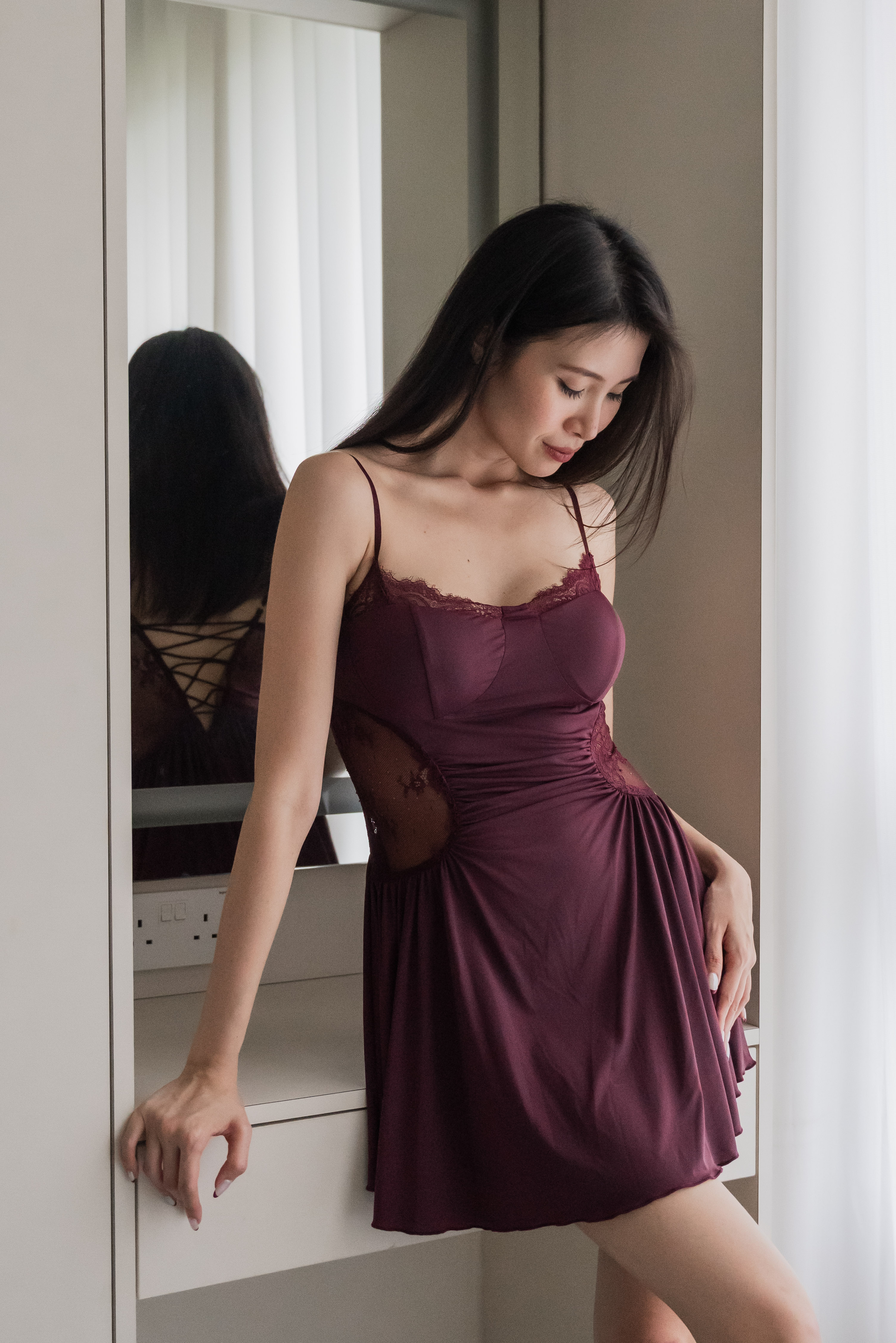 FREYA Lace Cutout Slip Dress (Garnet Red)
