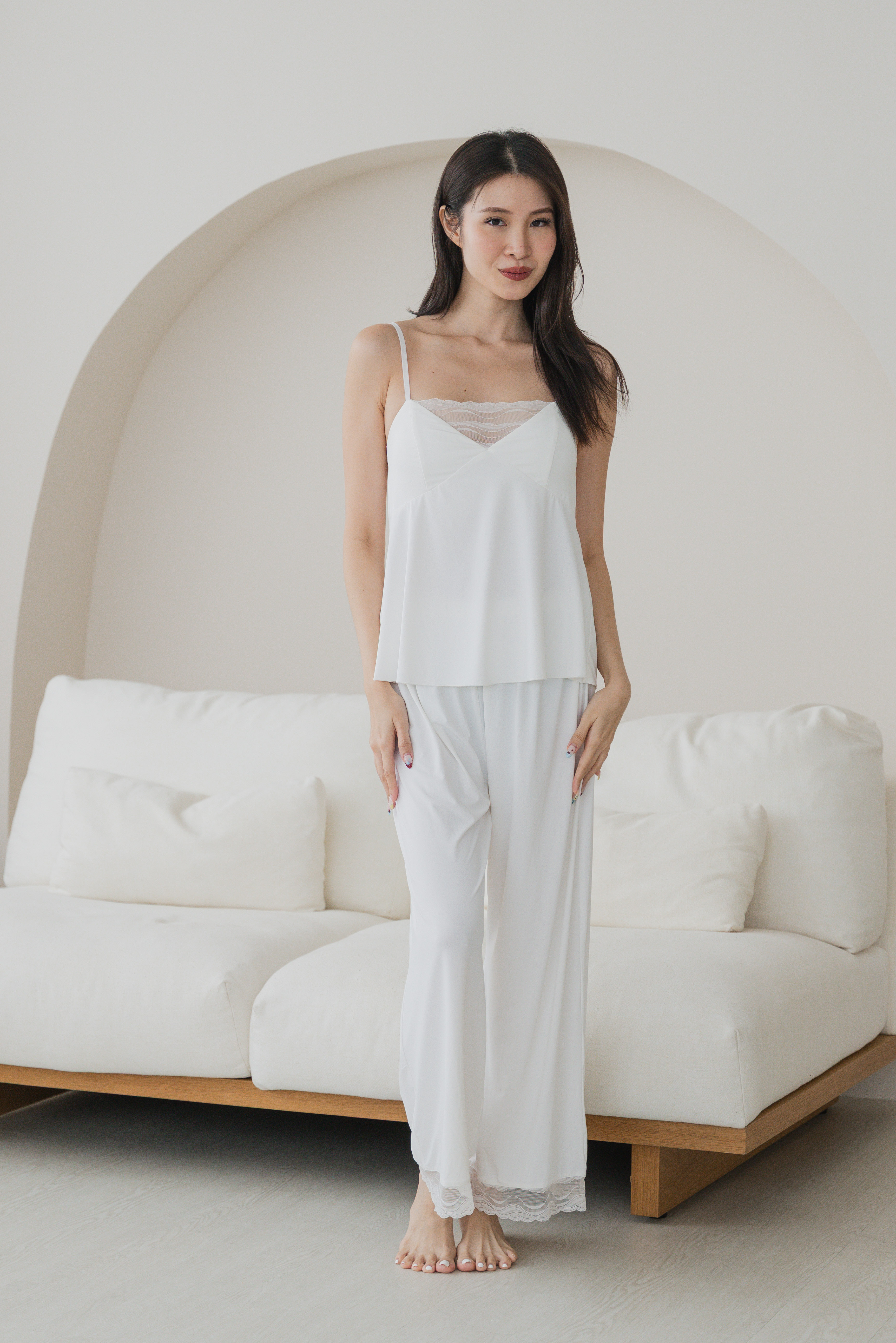 EMILY V Lace Neck 2Pcs Pants Set (Cloud White)